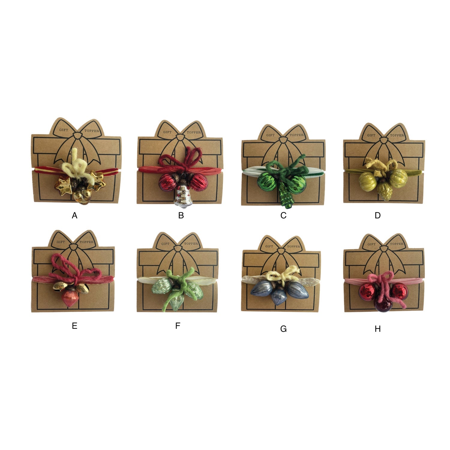 Glass Ornament & Metal Bell Gift Topper w/ 40" Ribbon Wrap, 8 Styles