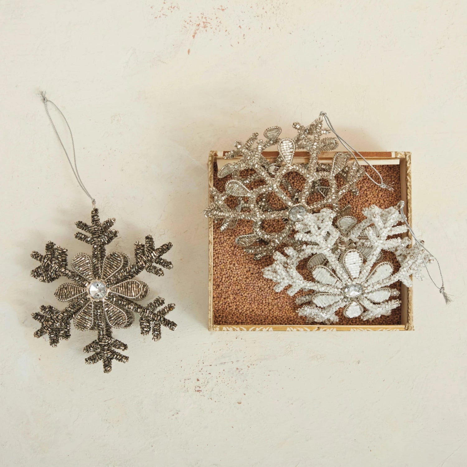 Metal & Glass Beaded Snowflake Ornament, Gunmetal Finish