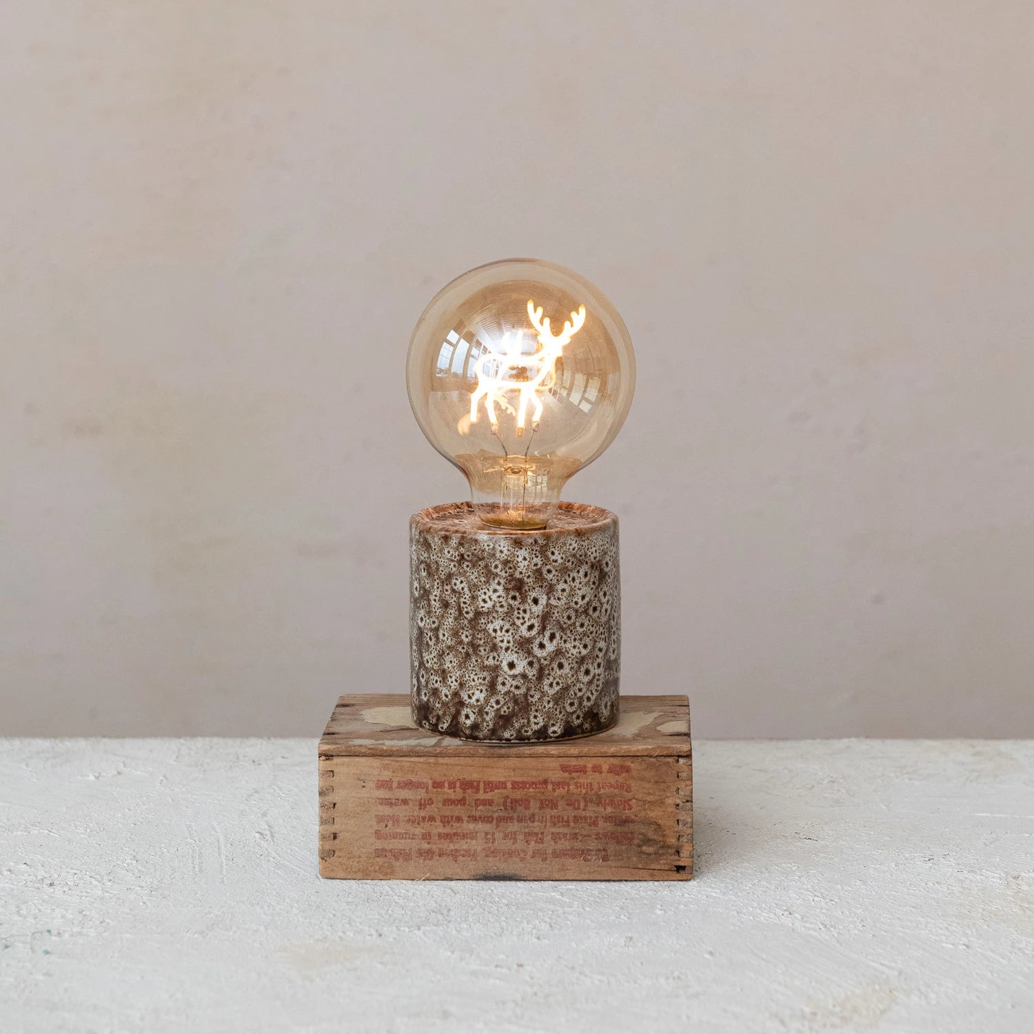 Stoneware Lamp w/ LED Deer Shaped Filament Lightbulb (Each One Will Vary)