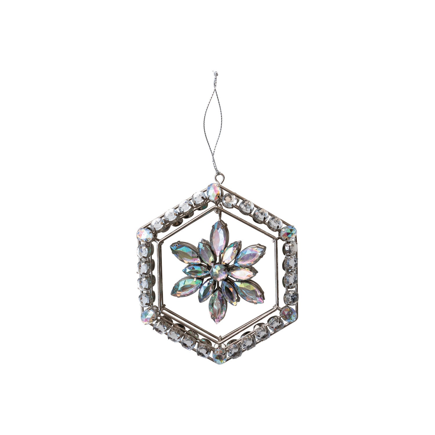 Metal & Acrylic Jewel Snowflake Ornament w/ Hexagon Frame, Silver Finish