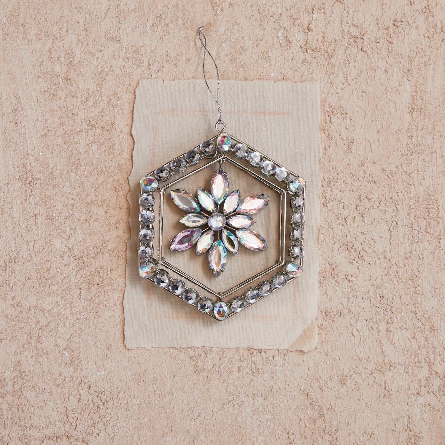 Metal & Acrylic Jewel Snowflake Ornament w/ Hexagon Frame, Silver Finish