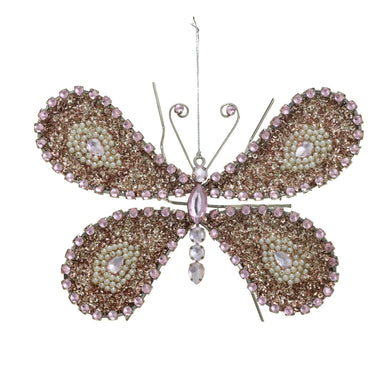 Metal Butterfly Ornament w/ Sequins, Jewels & Beads, Silver Finish